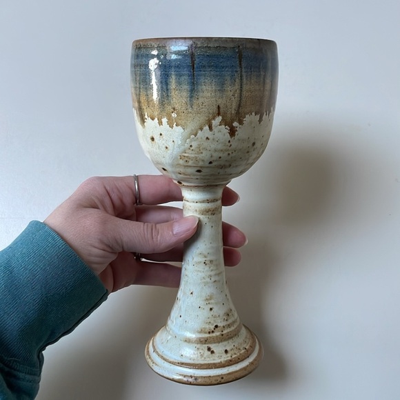 Studio Art Pottery Goblet Signed Ceramic Chalice Cup Wine Artsy Earthy Boho Clay - Picture 7 of 10